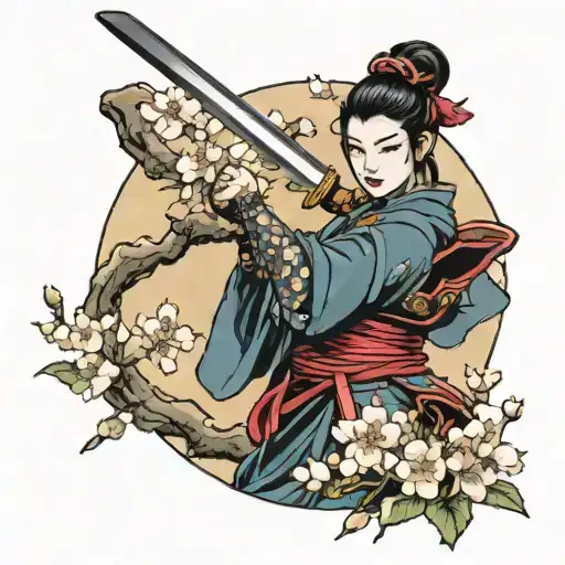 Female Samurai with gold katana sword and cherry blossom tree tattoo design idea