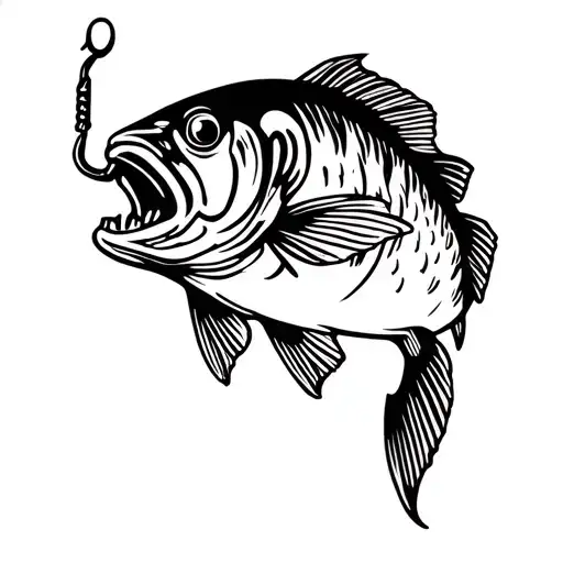 bass fish biting a hook tattoo design idea