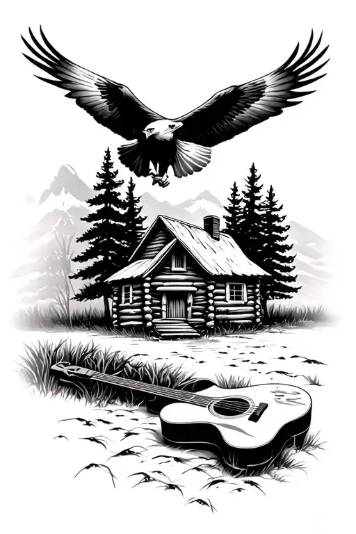 Log Cabin With An Acoustic Guitar In Front And An Eagle Flying Above. Nature Scene Tattoo tattoo design idea