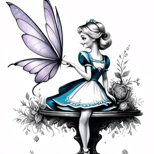 tinkerbell with alice in wonderland tattoo design idea