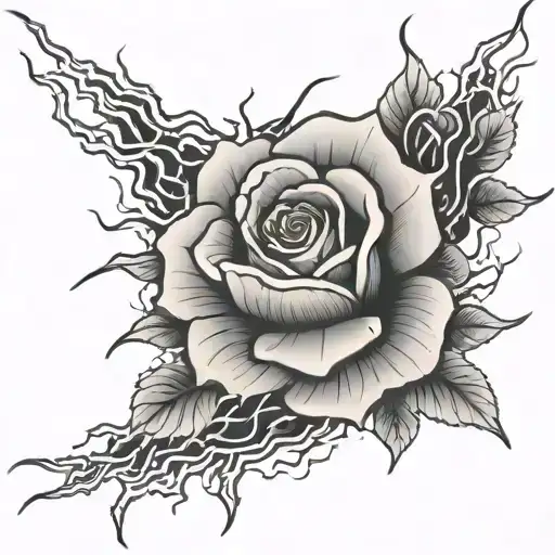 japanese style tattoo with a black rose being hit by lightning tattoo design idea
