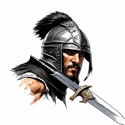 Gladiator in a helmet with a sword tattoo design idea