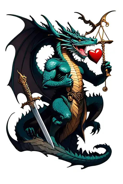 Dragon on a mountaintop, holding a Libra sword in its left hand and a heart in its right hand, wearing a mask, with the  tattoo design idea