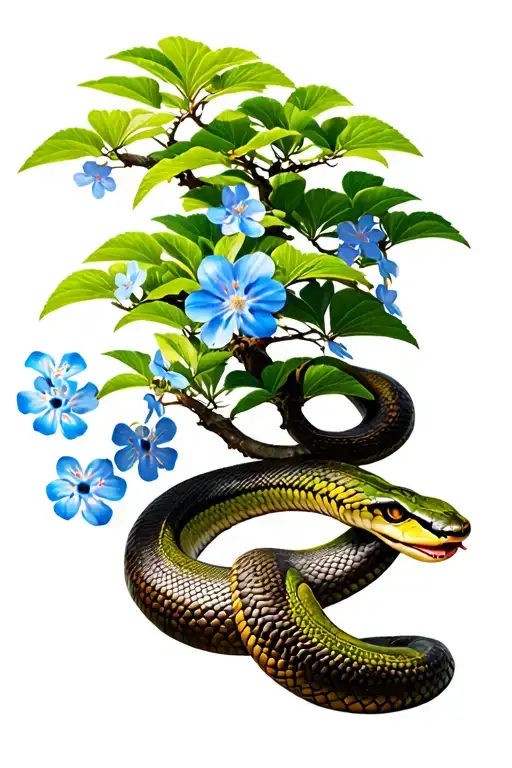 Cherry blossom bonsai tree, with forget-me-nots in it and a snake wrapped around it as the branch tattoo design idea