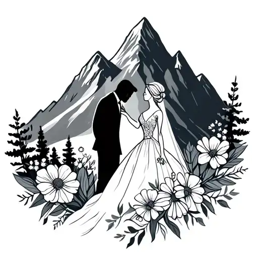 mountain with wild flowers and silhouettes of a married couple tattoo design idea