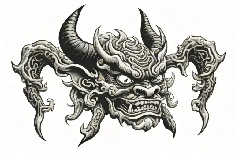 scary japanese devil oni mask with 666 inside of the eyes tattoo design idea
