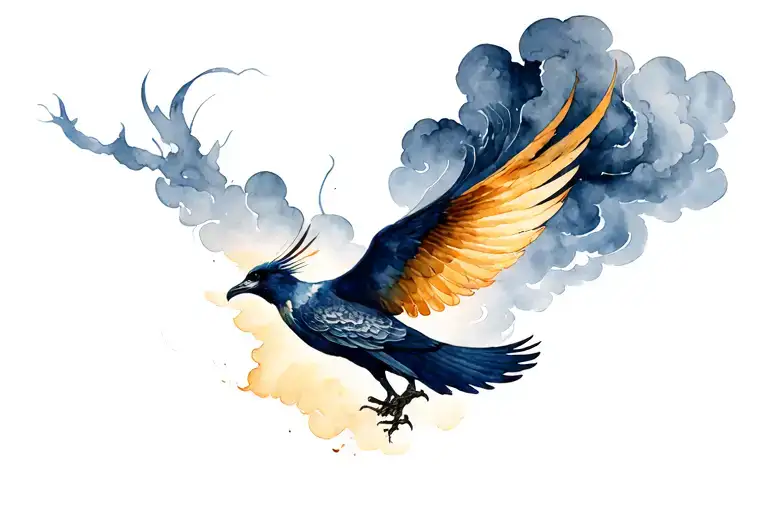 Kintsugi  pheonix flying in front of a dark storm with a single rsy of light shining through to cover self harm scars tattoo design idea