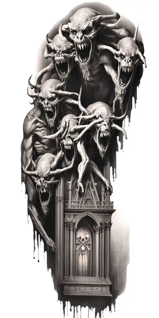 demons trapped in a cathedral realism tattoo design idea