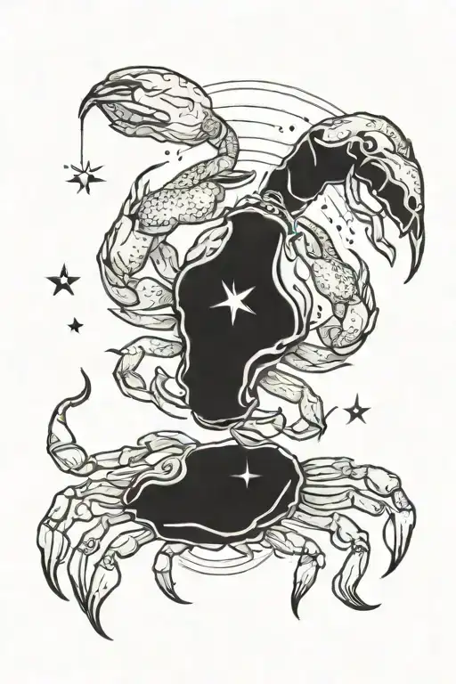 A tattoo design that includes the symbols of the Cancer zodiac sign: a crab, the moon, water, stars, and a lily flower.  tattoo design idea
