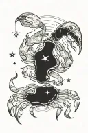 A tattoo design that includes the symbols of the Cancer zodiac sign: a crab, the moon, water, stars, and a lily flower.  tattoo design idea