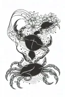A tattoo design that includes the symbols of the Cancer zodiac sign: a crab, the moon, water, stars, and a lily flower.  tattoo design idea