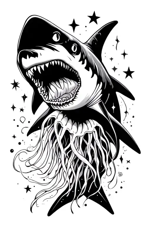 hammer shark, stars, jelly fish, space tattoo design idea