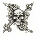 skull and cross bones with scroll work chest tattoo geometric  tattoo design idea