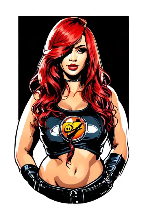 create a cartoon egg woman with red hair wearing biker leathers add sunglasses  tattoo design idea