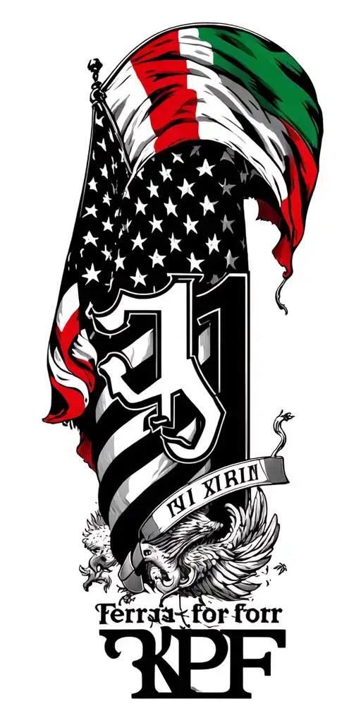 ferrari prancing for and Italian flag and American flag and Roman numeral 11 and the initial RRF tattoo design idea