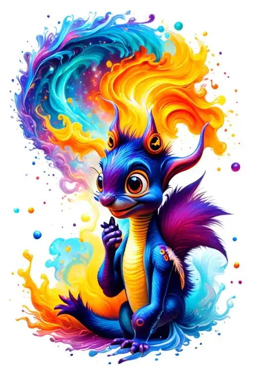 disney's figment character splashing color into air that swirls into a galaxy with squirrel on shoulder tattoo design idea