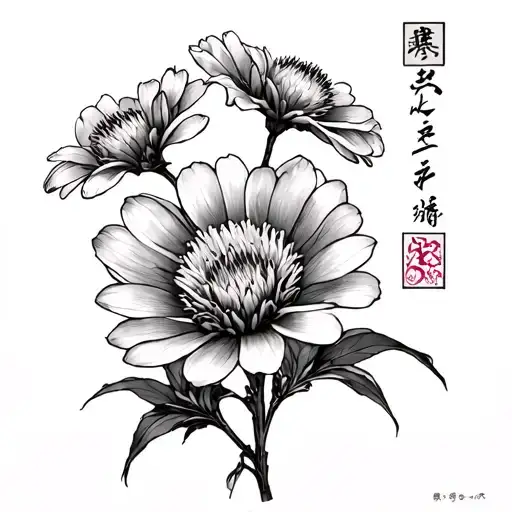 lycorys radiata flowers with a japanese kanji of "deat", "self-love" and "sadness" tattoo design idea