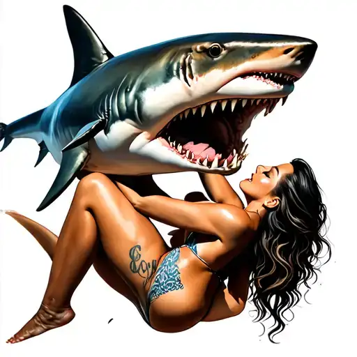 bull shark eating a hot lady in a bikini tattoo design idea