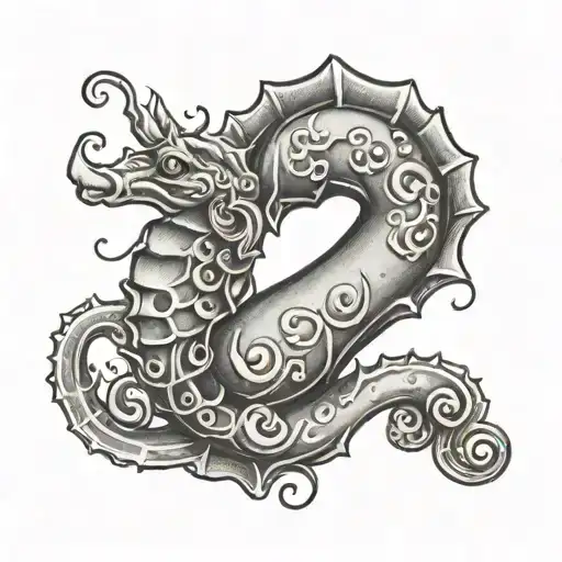 a letter j with a heart on the chest of a cute seahorse tattoo design idea