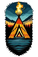 indian teepee, fire place inside, smoke coming from the top of the teepee, surrounded by wilderness tattoo design idea