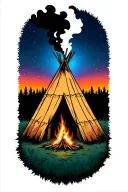 indian teepee, fire place inside, smoke coming from the top of the teepee, surrounded by wilderness tattoo design idea
