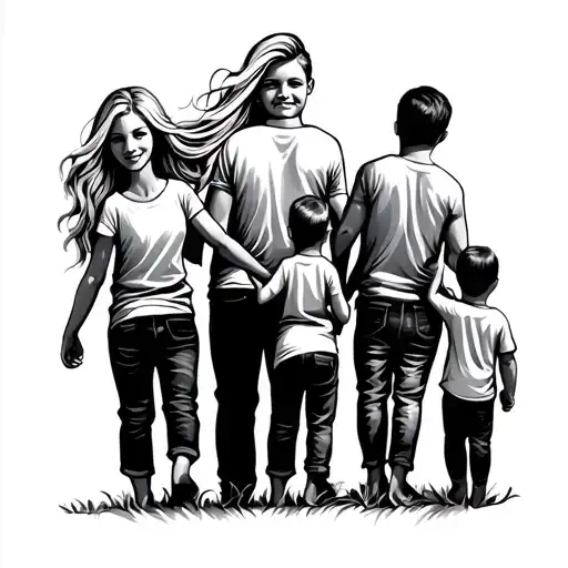 Design a forearm tattoo featuring a family of five: mom with blonde hair, dad, 3 sons  tattoo design idea