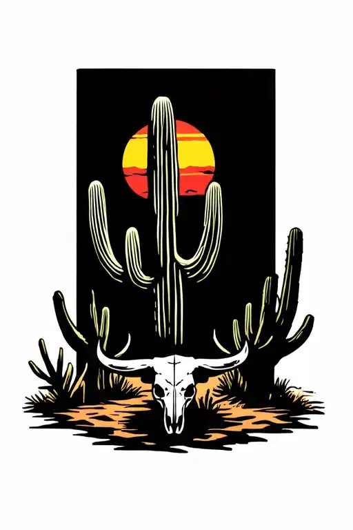 desert setting with large cactus in the foreground with a small bull skull next to it the sun is setting in the backgrou tattoo design idea