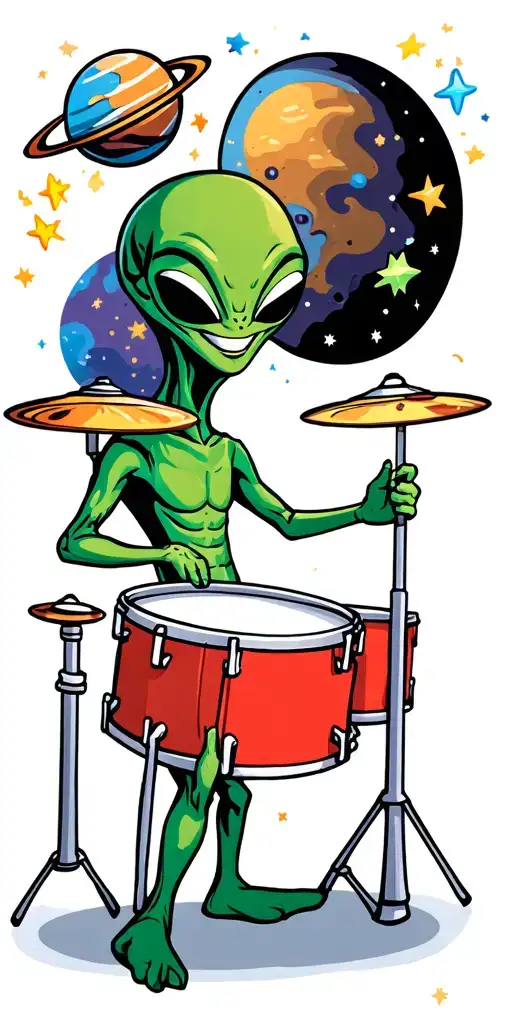 cartoon alien smiling playing drums, planets and ufo, stars, colorful tattoo design idea