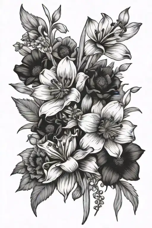 flower bouquet, daisy,  narcissus, snowdrop, poppy, hawthorn, violet tattoo design idea