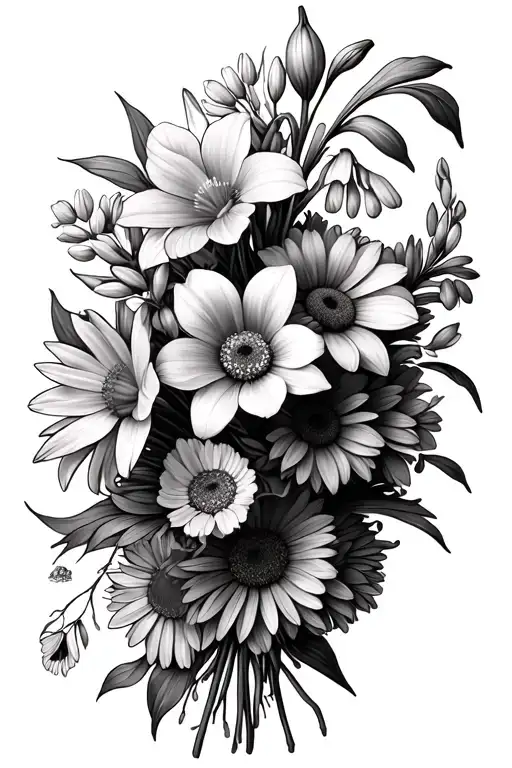 whispy flower bouquet for hip with daffodils, snow drops, daisies, chrysanthemums, violets, gladiolus tattoo design idea
