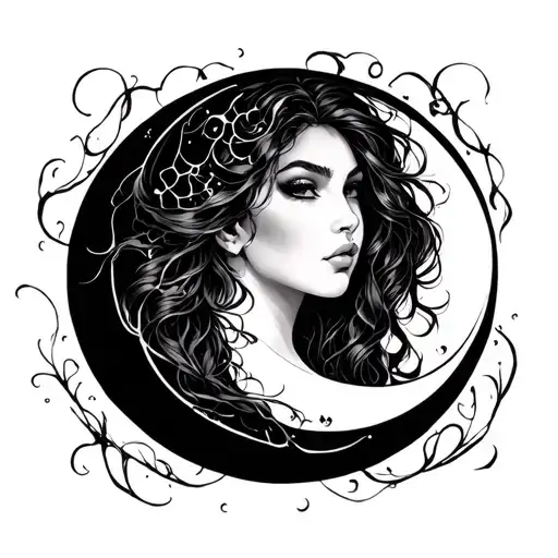 Cursive J Scott Campbell female Moon tattoo design idea