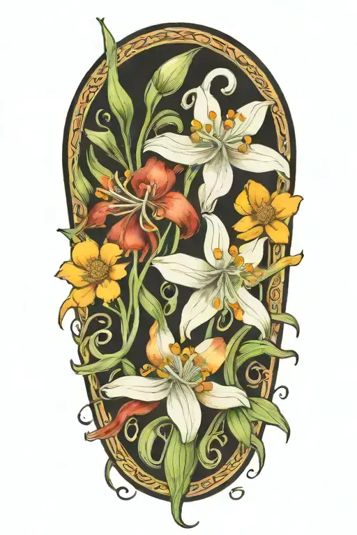 snowdrop, rose, marigold, octopus tentacles tattoo design idea