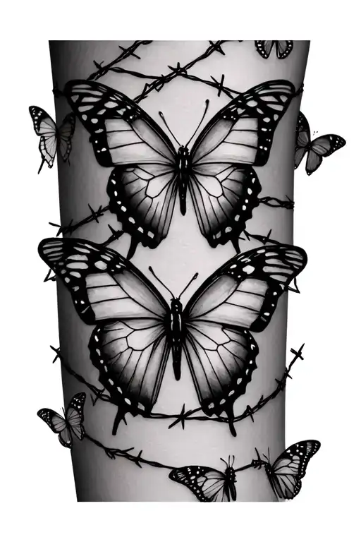 butterflies connected by a line of barbed wire scattered across the forearm tattoo design idea