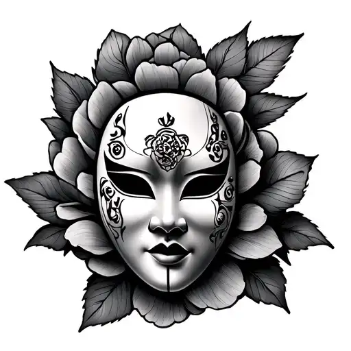Japanese Okame mask in peony flower with leaves tattoo design idea