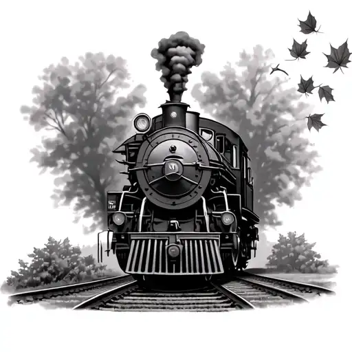 steam train facing forward with fall leaves churning up  tattoo design idea