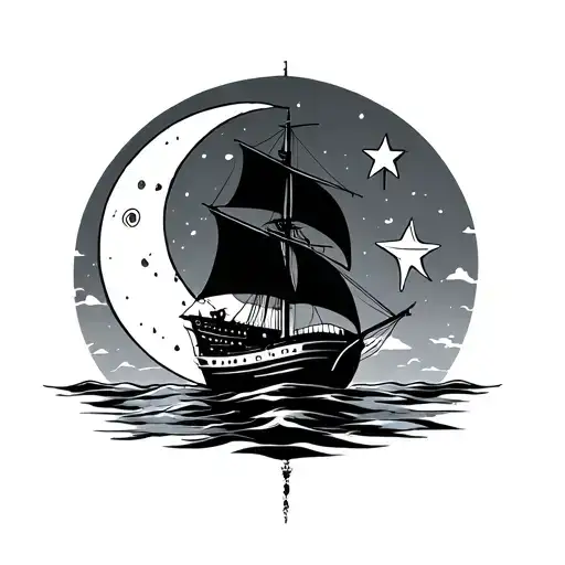 sail boat with one moon one star tattoo design idea