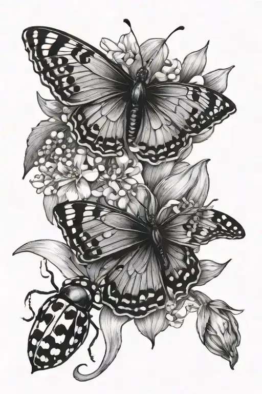 ladybugs, butterfly, lily of the valley, narcisus flower tattoo design idea