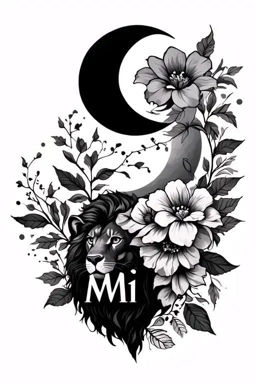 A tattoo that goes from the back of the neck down to the thigh thattt contains flowers, the moon, a lion and the name Mi tattoo design idea