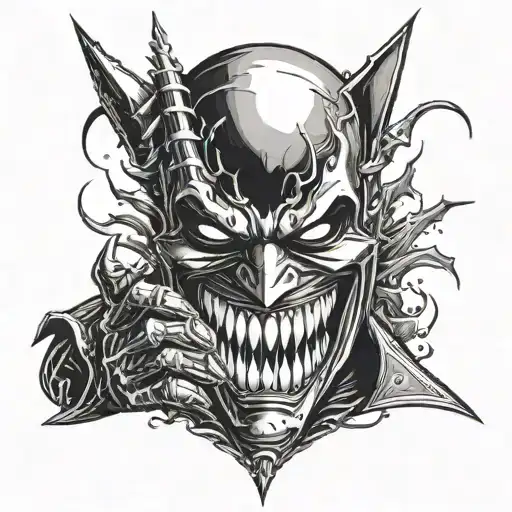 Black and white tattoo of The Batman Who Laughs on the right hand. The design should capture his menacing smile, spiked  tattoo design idea
