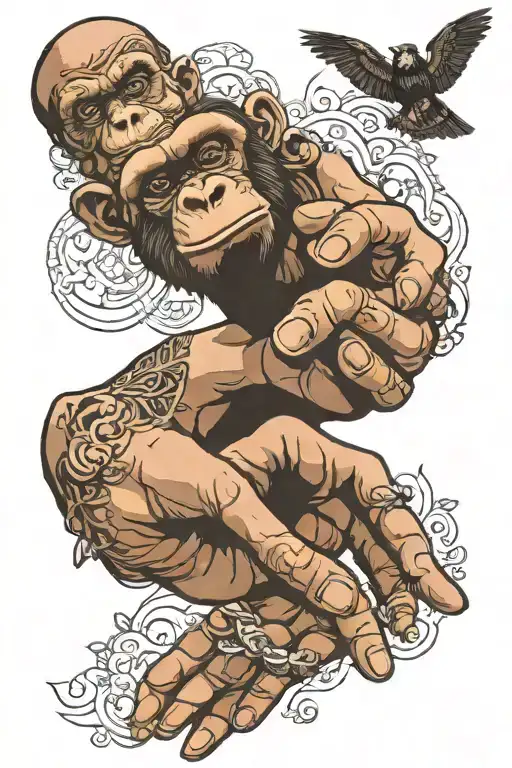 human and chimp hands reaching tattoo design idea