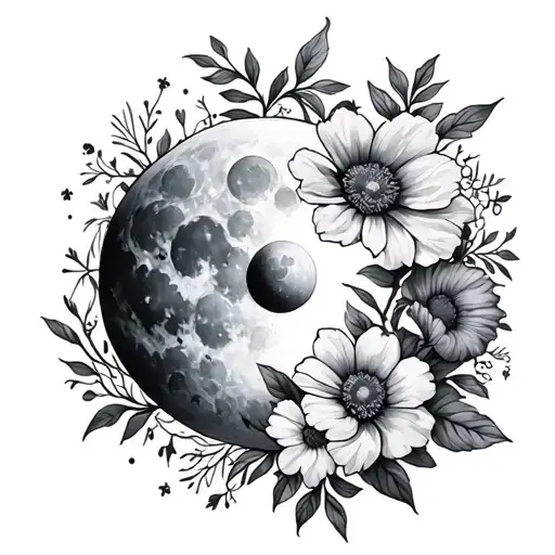 Luna month with various flowers behind it  tattoo design idea