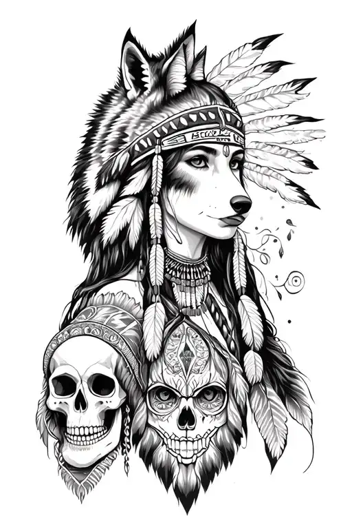 native american girl, wolf and skull  tattoo design idea