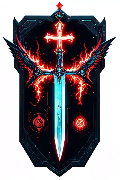 Two cyber daggers , dragon sword and shield in cross shape , red energy, orthodox cross  tattoo design idea