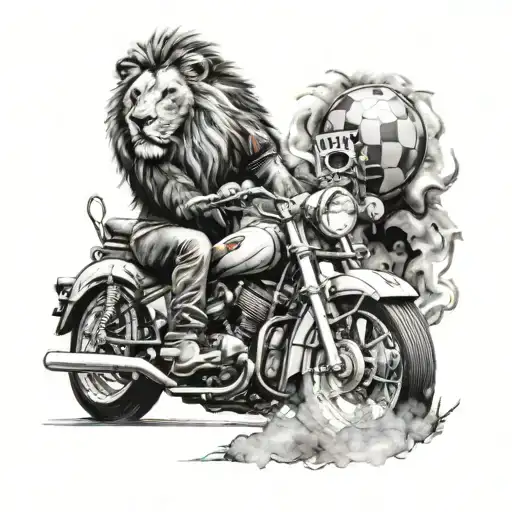 A realistic lion wearing a football helmet, riding a motorbike tattoo design idea