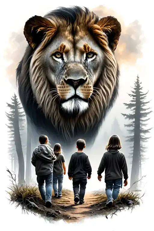 Father walking towards a huge forest with his eldest son and youngest daughter, in the forest a lion's face watching over them tattoo design idea