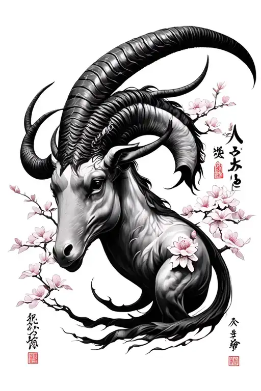 capricorn with sakura tree and japanese strenght and patience with japan word tattoo design idea