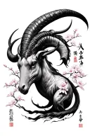 capricorn with sakura tree and japanese strenght and patience with japan word tattoo design idea
