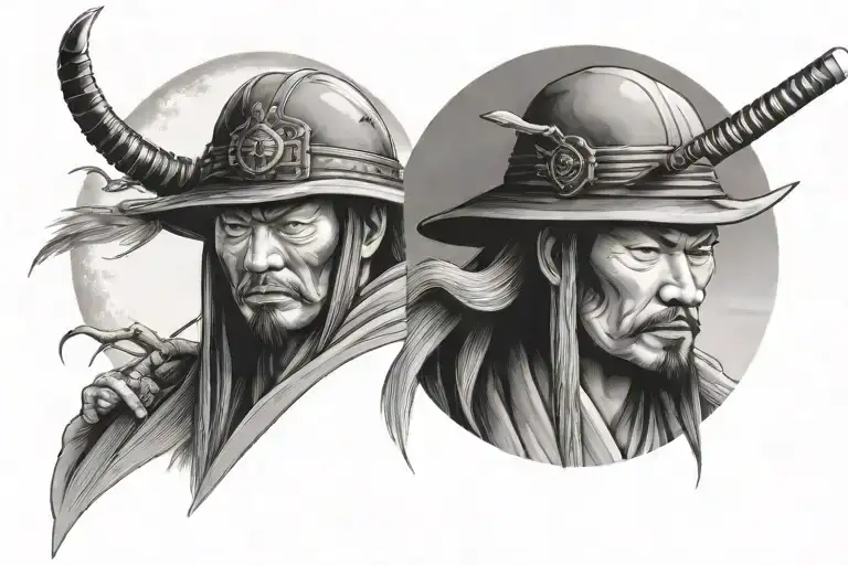 Realistic samurai face hidden by Japanese hat, moon in background relaxed posture hand placed on hip full view. tattoo design idea