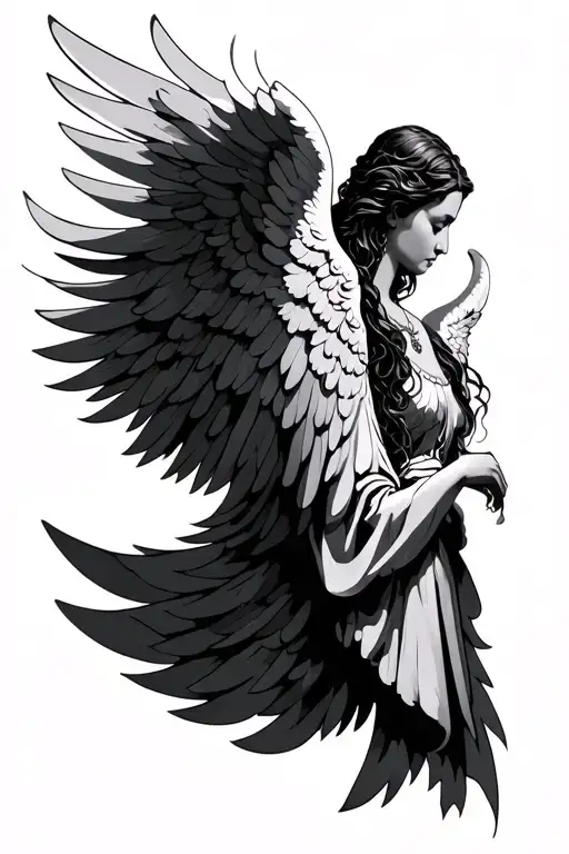 Generate a black and white surrealistic and modern tattoo of a sacred angel wings opened tattoo design idea