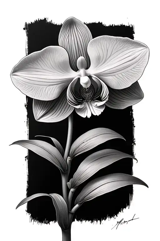realistic delicate orchid with long stem and leaves at the base tattoo design idea